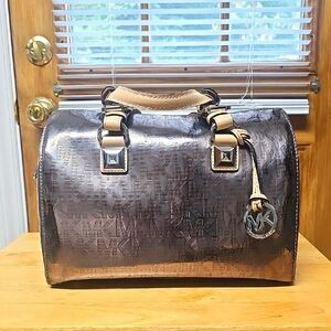 MICHAEL KORS GRAYSON NICKEL MIRROR METALLIC LOGO SATCHEL BAG